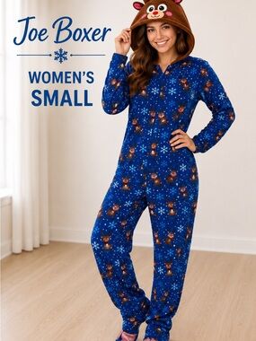 Joe Boxer Reindeer Footed Fleece One Piece Pajamas Women’s Small Hooded